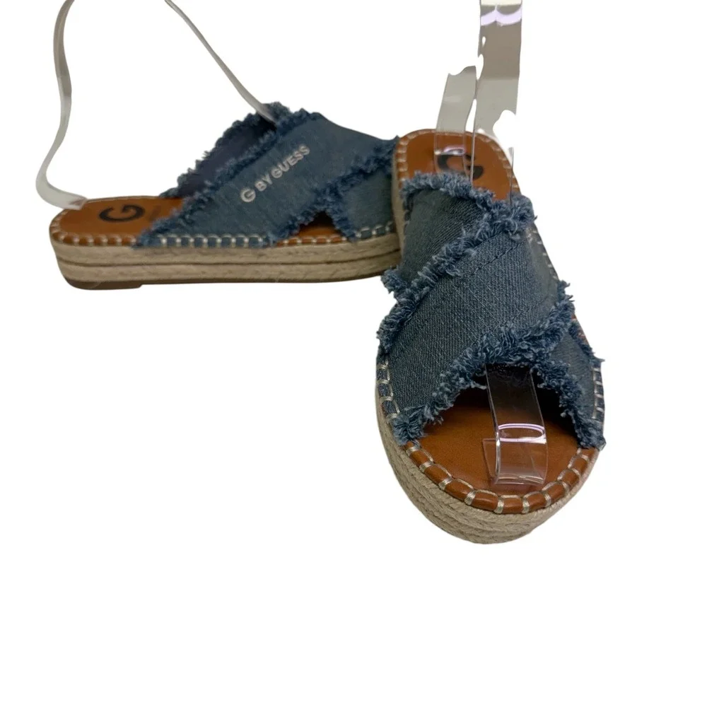 G by GUESS Blue Denim Frayed Espadrille Platform Slide Sandals Womens 8 Y2K